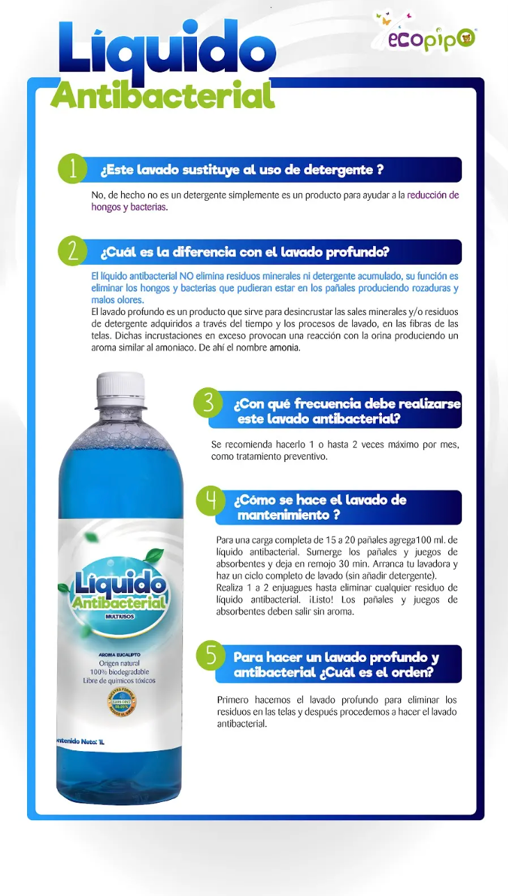 Líquido para lavado antibacterial Ecopipo para pañales de tela